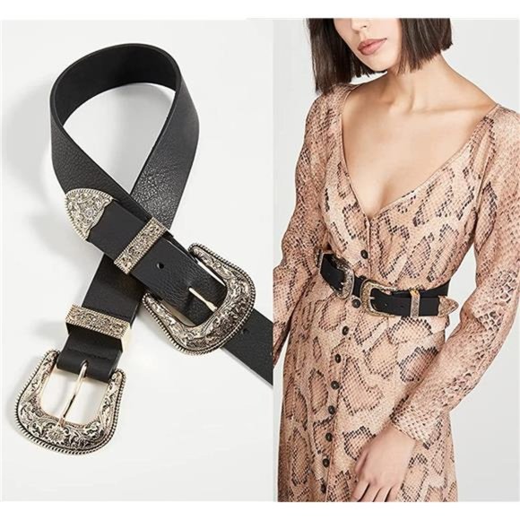 Cowgirl Belt Dresses Pants, Western Vintage Double Buckle Leather Waist Belt main image 5